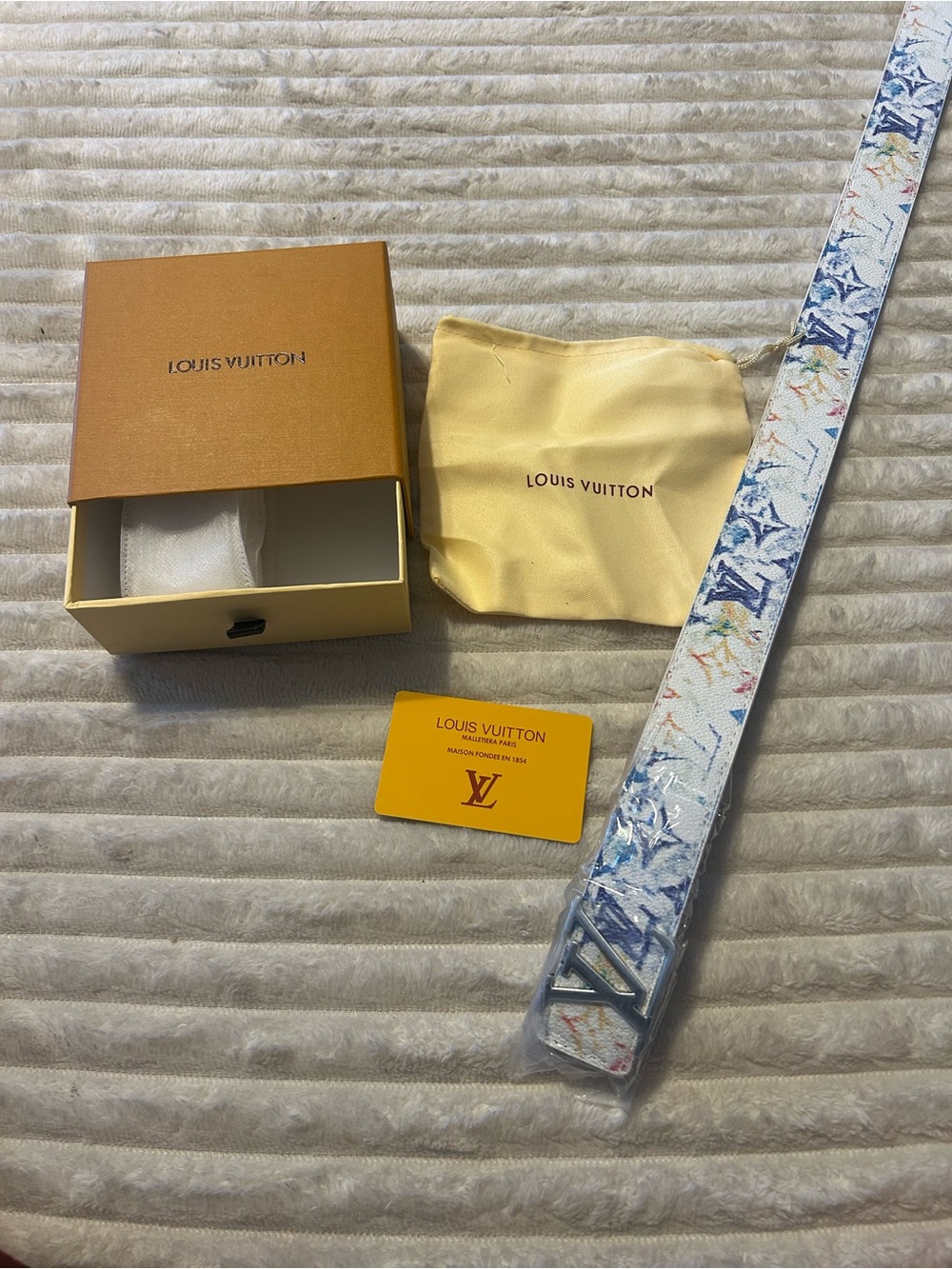 Louis Vuitton White Leather Belt with Multicolor Splash and Silver LV Buckle